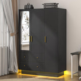 jiteentarou 3 Door Wardrobe Closet with Mirror and LED Lights, Bedroom Armoire with Drawers Shelves, Modern Wooden Armoire Wardrobe Closet with Hanging Rod for Bedroom, Black jiteentarou