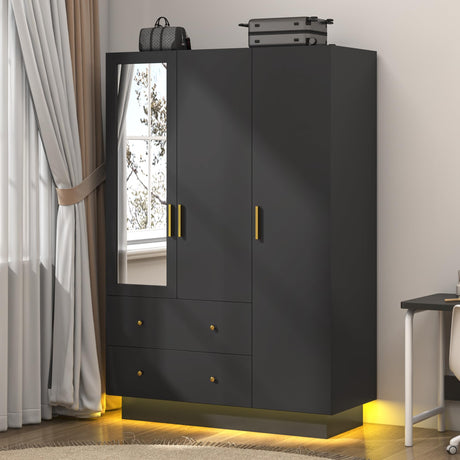 jiteentarou 3 Door Wardrobe Closet with Mirror and LED Lights, Bedroom Armoire with Drawers Shelves, Modern Wooden Armoire Wardrobe Closet with Hanging Rod for Bedroom, Black jiteentarou