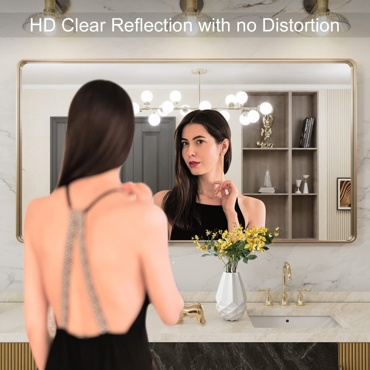 LOAAO 50”X30” Gold Bathroom Mirror, Rounded Rectangle Gold Frame Mirror, Brushed Gold Bathroom Vanity Mirror Wall-Mounted, Anti-Rust, Tempered Glass, Hangs Horizontally or Vertically LOAAO