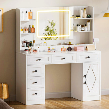 COMHOMA Makeup Vanity Desk with Mirror and Lights, Large Vanity Table with 6 Drawers & 1 Storage Cabinet, White Bedroom Dresser Table for Girls, 3 Color Modes Adjustable Mirror, White COMHOMA
