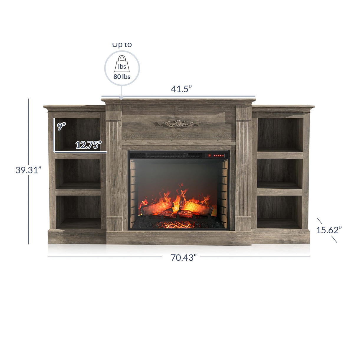 BELLEZE Modern 70" Electric Fireplace Heater Mantel TV Stand & Media Entertainment Center for TVs up to 68" with Energy-Efficient Heater with Sound and Side Book Shelves - Lenore (Grey) BELLEZE