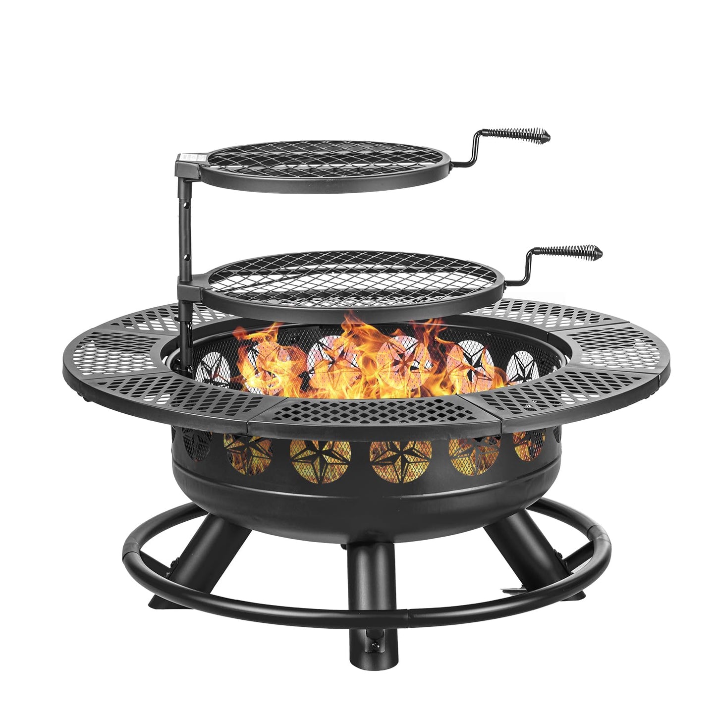 36 Inch Fire Pit with 2 Cooking Grills,Outdoor Wood Burning BBQ Firepit with Lid, 3-in-1 Outdoor Fire Pit for Backyard Deck Bonfire Patio Picnic