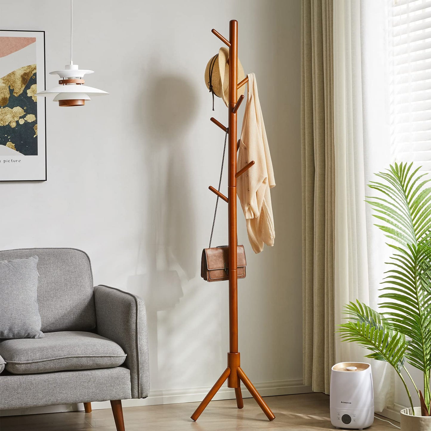 Aibiju Wood Coat Rack Freestanding, Coat Tree with 8 Hooks, 3 Height Options, Suitable for Kids and Adult, Coat Stand for Bedroom Office Entrance Brown YD-1006