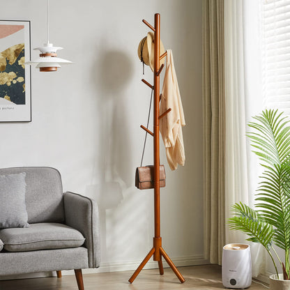 Aibiju Wood Coat Rack Freestanding, Coat Tree with 8 Hooks, 3 Height Options, Suitable for Kids and Adult, Coat Stand for Bedroom Office Entrance Brown YD-1006