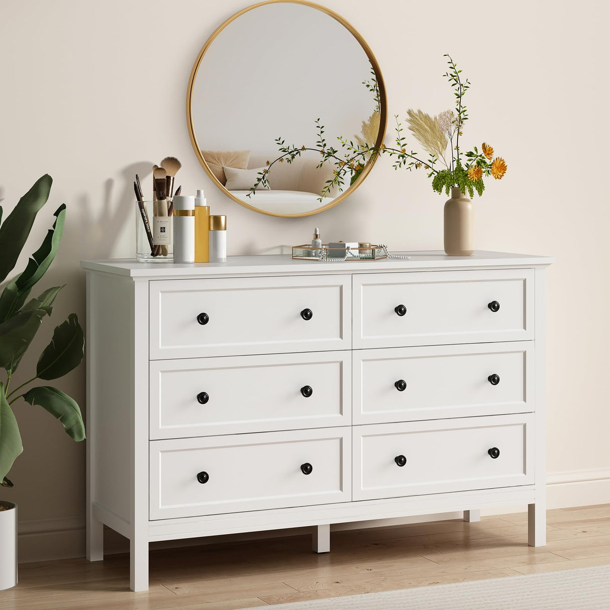 CARPETNAL White Dresser for Bedroom, 6 Drawer Dresser with Wide Drawer and Metal Handles, Wood Dressers & Chests of Drawers for Hallway, Entryway. CARPETNAL