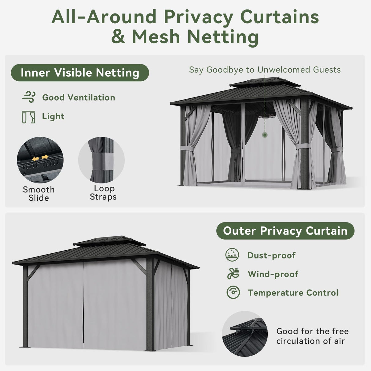 Aoxun Hardtop Gazebo 10x12, Aluminum Frame Canopy with Double Galvanized Steel Roof, Outdoor Gazebo with Breathable Netting and Privacy Curtain for Backyard Aoxun