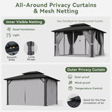 Aoxun Hardtop Gazebo 10x12, Aluminum Frame Canopy with Double Galvanized Steel Roof, Outdoor Gazebo with Breathable Netting and Privacy Curtain for Backyard Aoxun