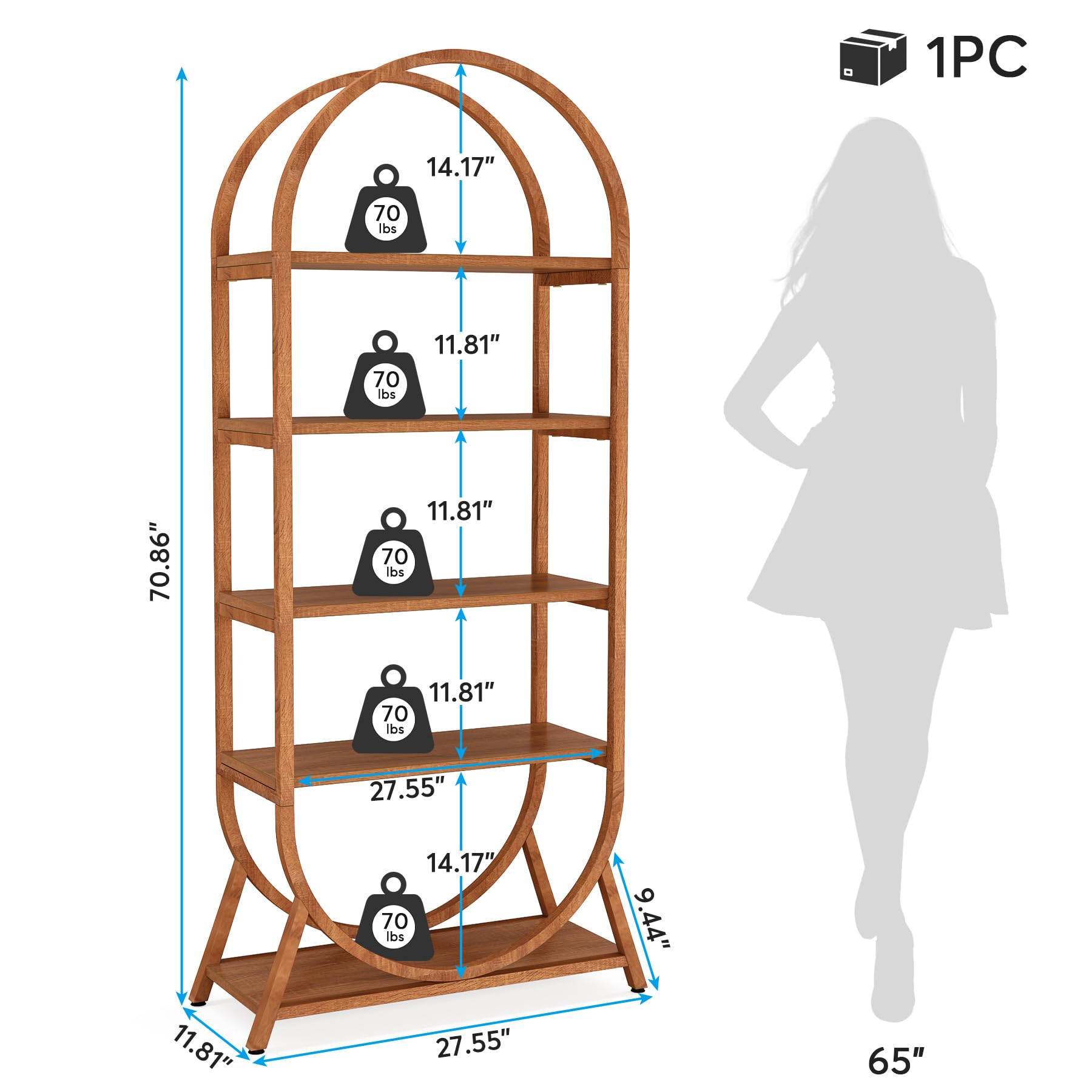 Tribesigns 5-Tier Modern Arched Bookshelf with Bright Brown Finish, 70.8" Tall Freestanding Display Rack for Home & Office - WoodArtSupply