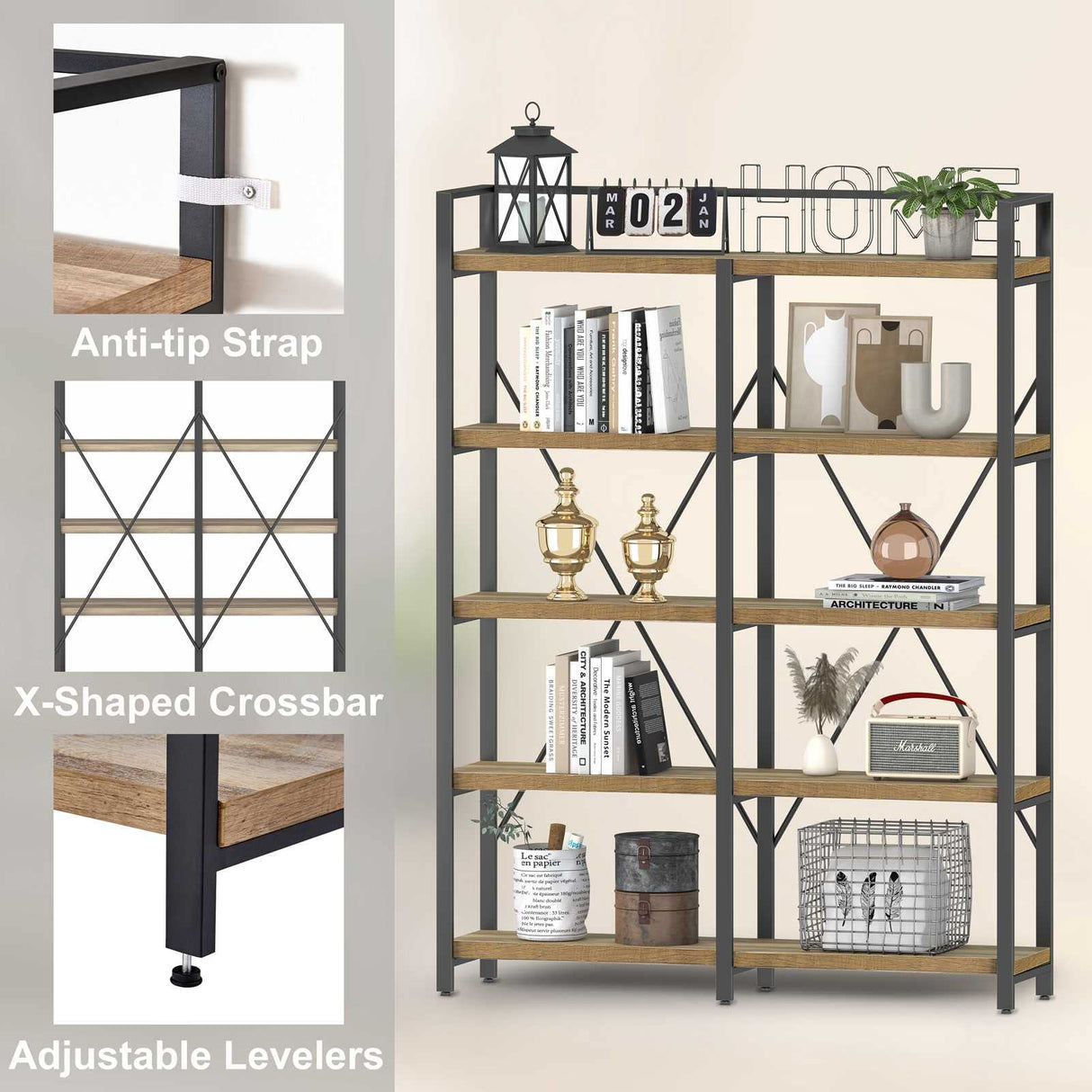 Industrial 5-Tier Rustic Oak Bookshelf with Open Shelving Unit by FATORRI FATORRI