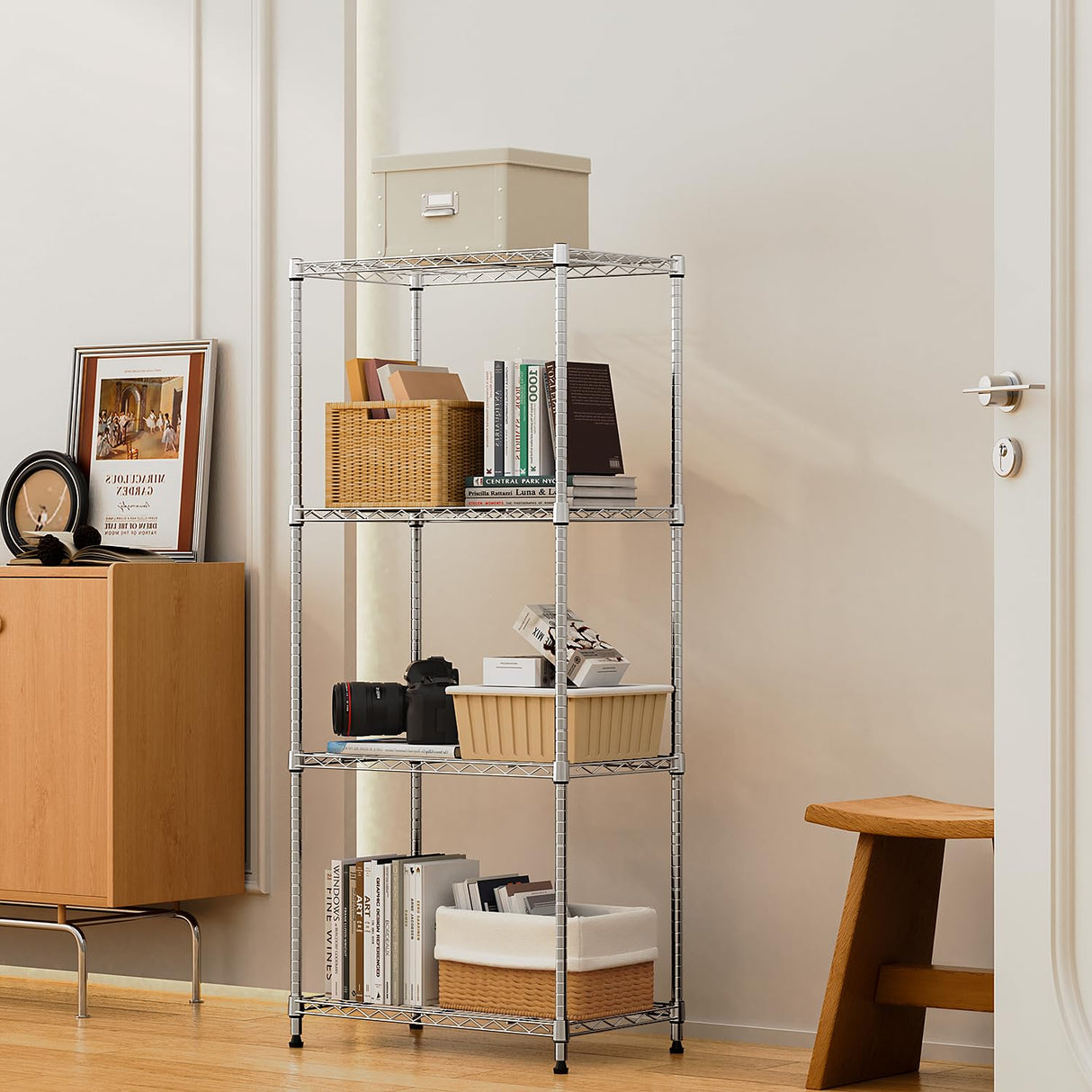 M MZG 1000 lbs 4Tier Shelf Metal Storage Shelves Wire Rack Closet Organizers with Wheel for Garage Kitchen Bathroom Laundry Chrome 13.7" D x 23.6" W x 53.4" H M MZG