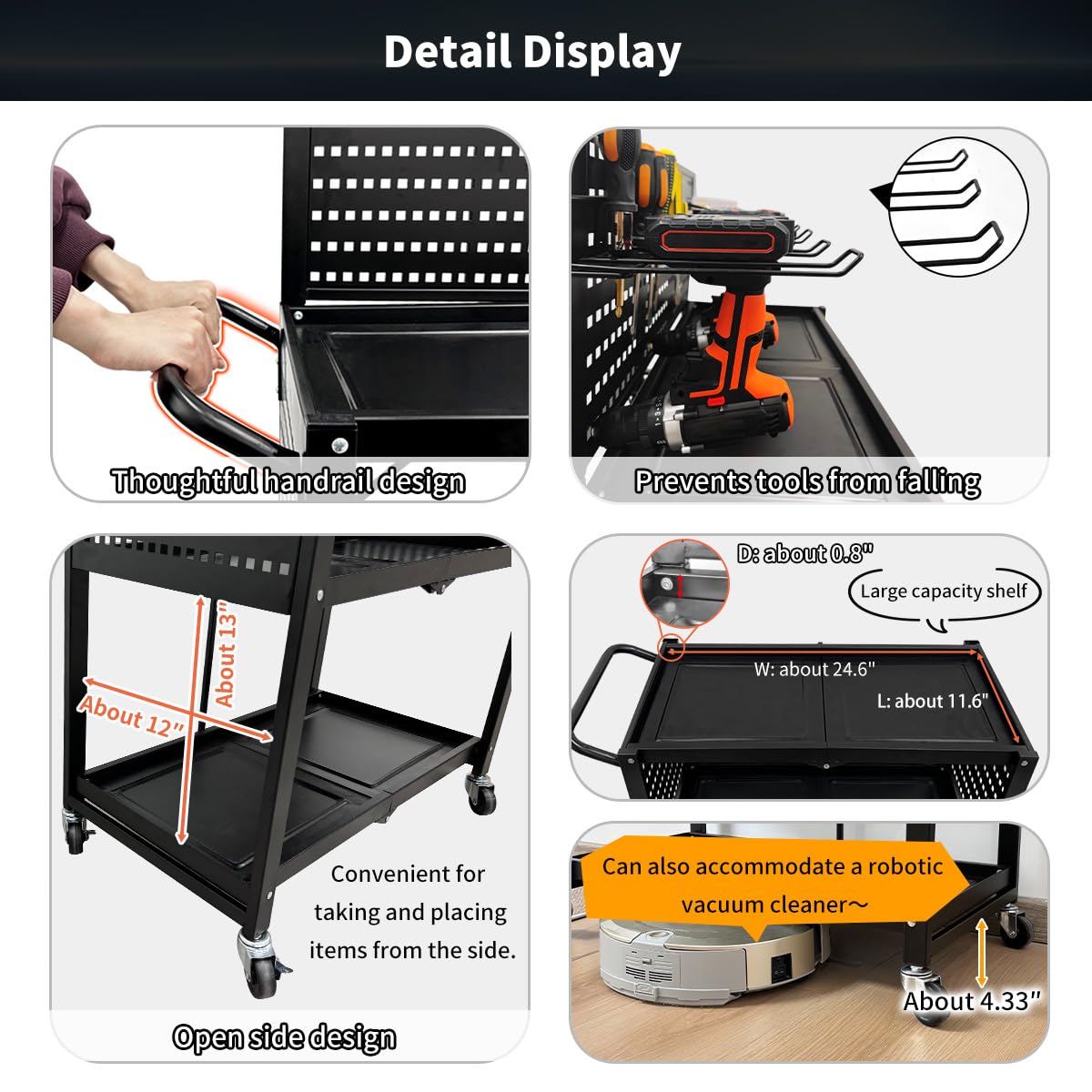 Lumizone 3-Tier Foldable Rolling Tool Cart with Wheels, Utility Cart with Pegboard for Garage Organizer and Tool Storage, Power Tool Storage Cart on Wheels (Tool Cart) lumizone