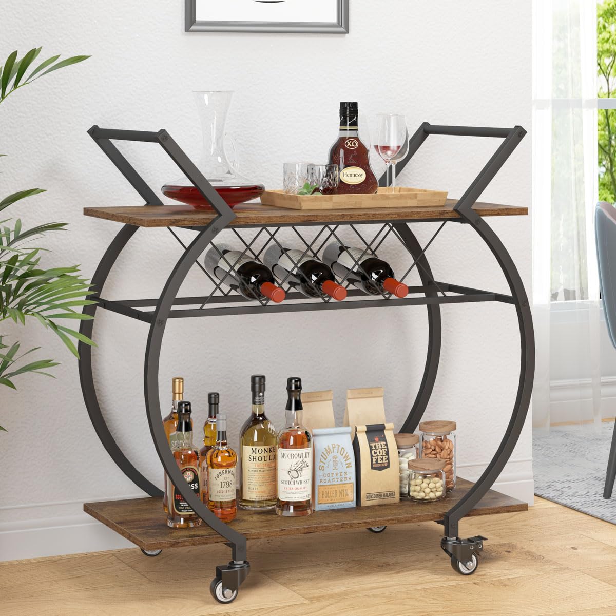 LVB Industrial Kitchen Bar Cart, Farmhouse Beverage Serving Liquor Cart with Wheels, Wood and Metal Rolling Wine Cart with Storage Shelf, Microwave Drink Cart for Home Living Dining Room, Rustic Brown LVB