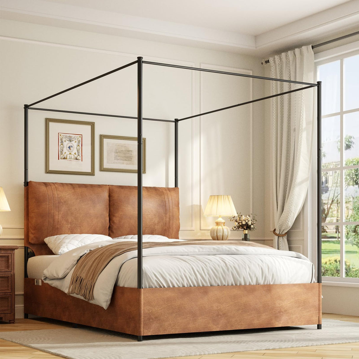 Modern Canopy Bed Frame with Upholstered Faux Leather Headboard – Tall Four Poster Metal Platform Bed, No Box Spring Needed, Queen Size, Brown and Black SAMTRA