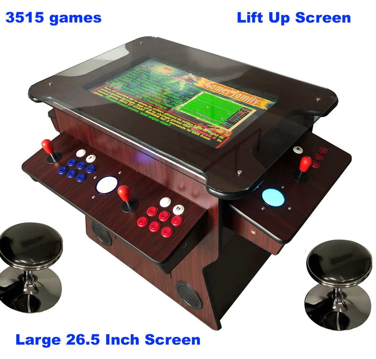 Top Us Video Arcades Full Size Commercial Grade Cocktail Arcade Machine 3515 Games Lift Up / Tilt Screen 26.5 Screen Tempered Glass 2 Stools Included 5 Year Warranty Dark Wood TOP US VIDEO ARCADES