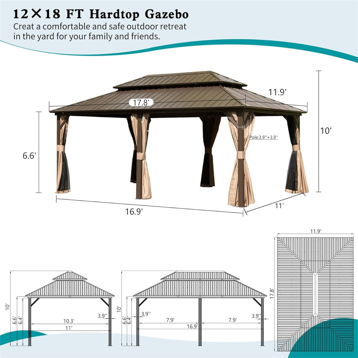 12' X 18' Hardtop Gazebo, Aluminum Metal Gazebo with Galvanized Steel Double Roof Canopy, Curtain and Netting, Permanent Gazebo Pavilion for Party, Wedding, Outdoor Dining, Brown GOWE