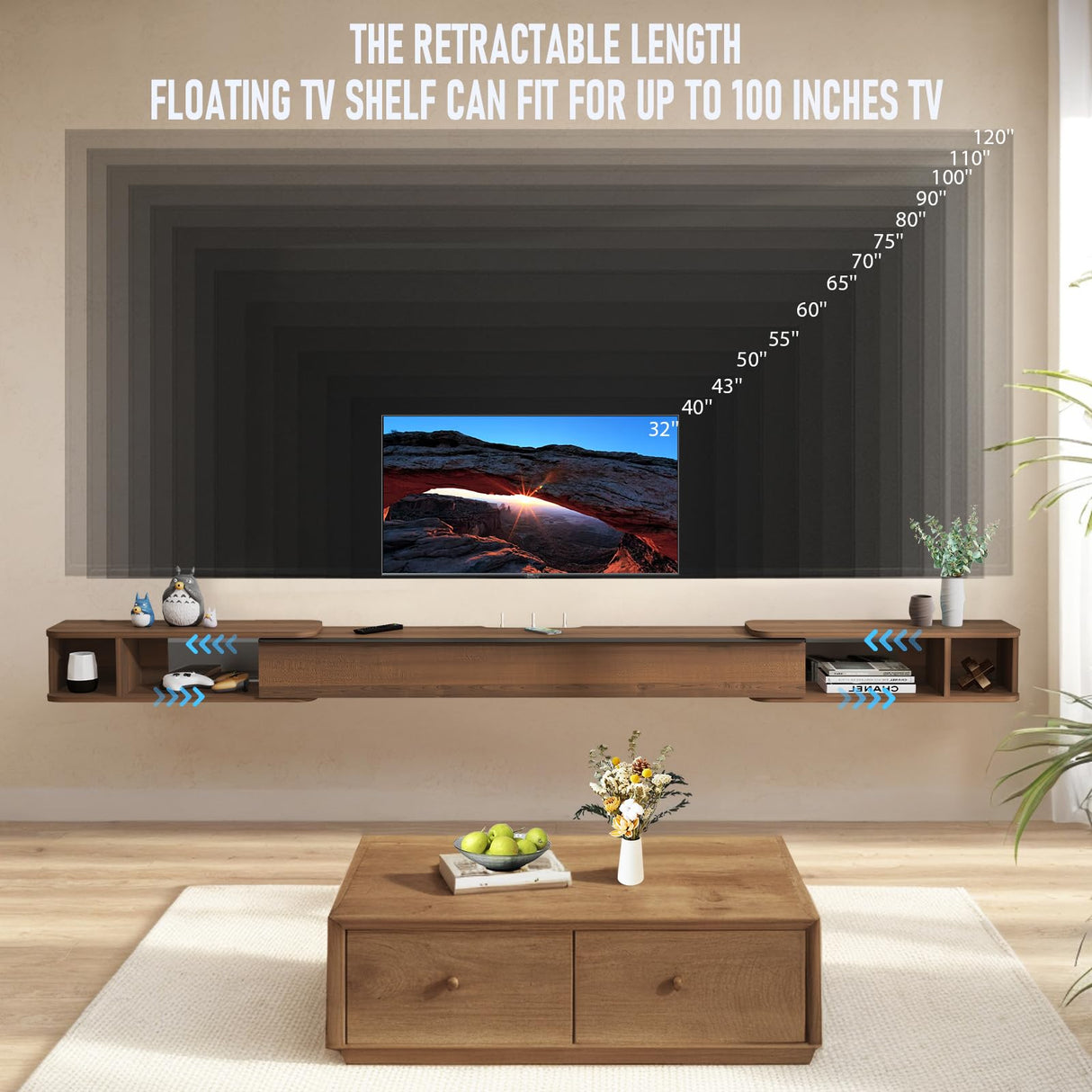 Pmnianhua Retractable Length Floating TV Stand,Minimalist Floating TV Shelf,Wall Mounted TV Console,Adjustable 87'' to 122'' Floating Entertainment Center with Storage for Bedroom Living Room(Walnut) Pmnianhua