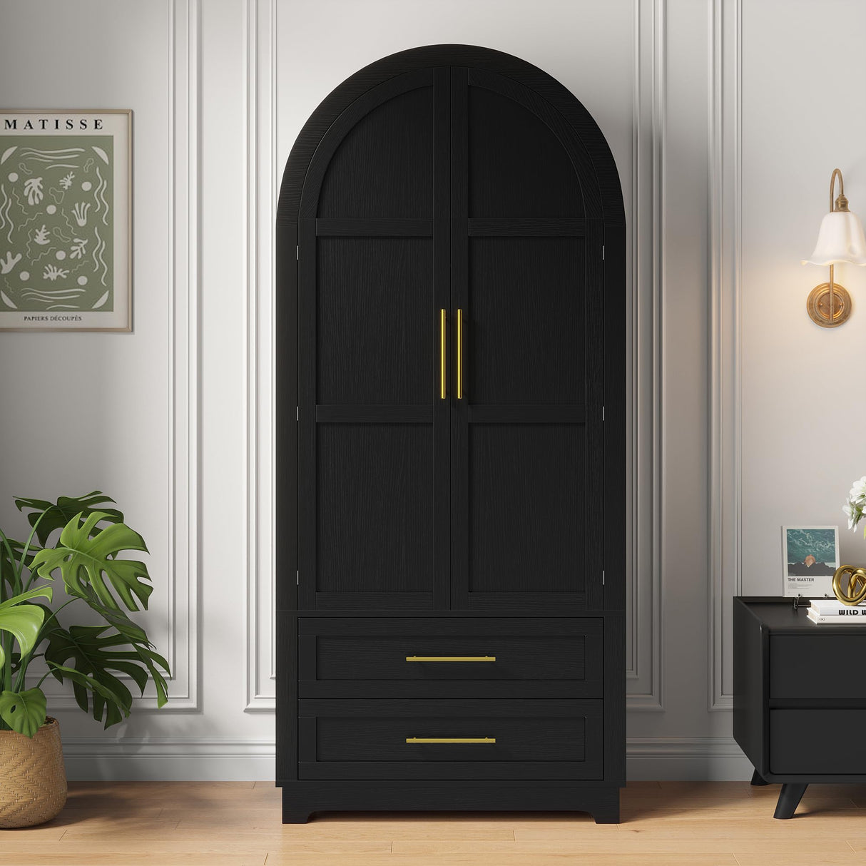 Maupvit Wardrobe Closet, Modern Armoire Wardrobe Closet with 2 Drawers and Arched Doors, 73" Tall Wooden Bedroom Armoires with Shelves and Hanging Rod, Black Maupvit