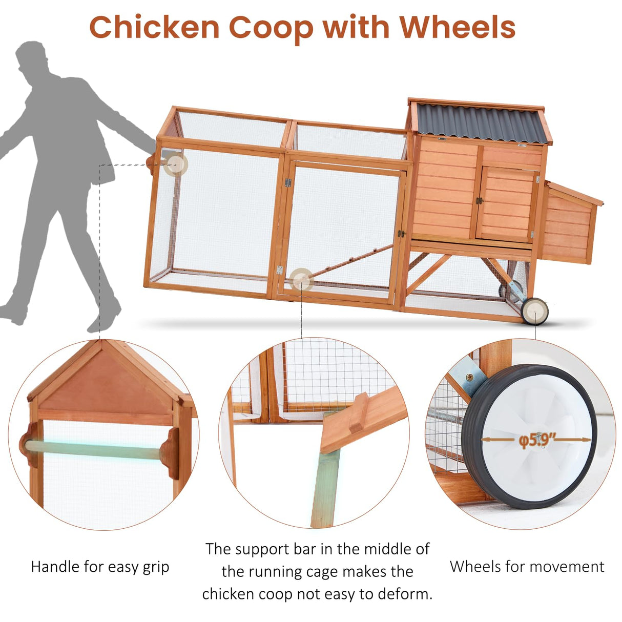 U-MAX 95“ Chicken Coop with Wheels, Wooden Chicken Tractor Hen House with Run, Nesting Boxes, Ramps, Removable Tray, Natural Wood U-MAX