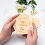 Personalized Wedding Coaster Rustic Decor - Wedding Favors Couple Gifts Wooden Save The Date Monogram Custom Cup Mug - Coasters Ceremony Invitations with Calendar (Hexagon) Enjoy The Wood