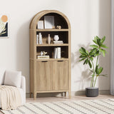 blini Arched Cabinet Bookshelf Arch Bookcase with Doors, Wooden Oak Curved Book Case 5-Tier Tall Round Top Bookshelves for Living Room blini