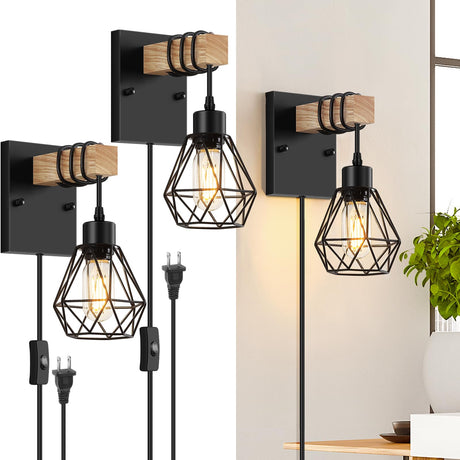 Lomoky Plug in Wall Sconces Set of Two, Vintage Wood Wall Lamps with Plug in Cord, Farmhouse Wall Light Fixture with 5.25FT On/Off Switch Cord, Indoor Wall Lamp for Bedroom Living Room Lomoky