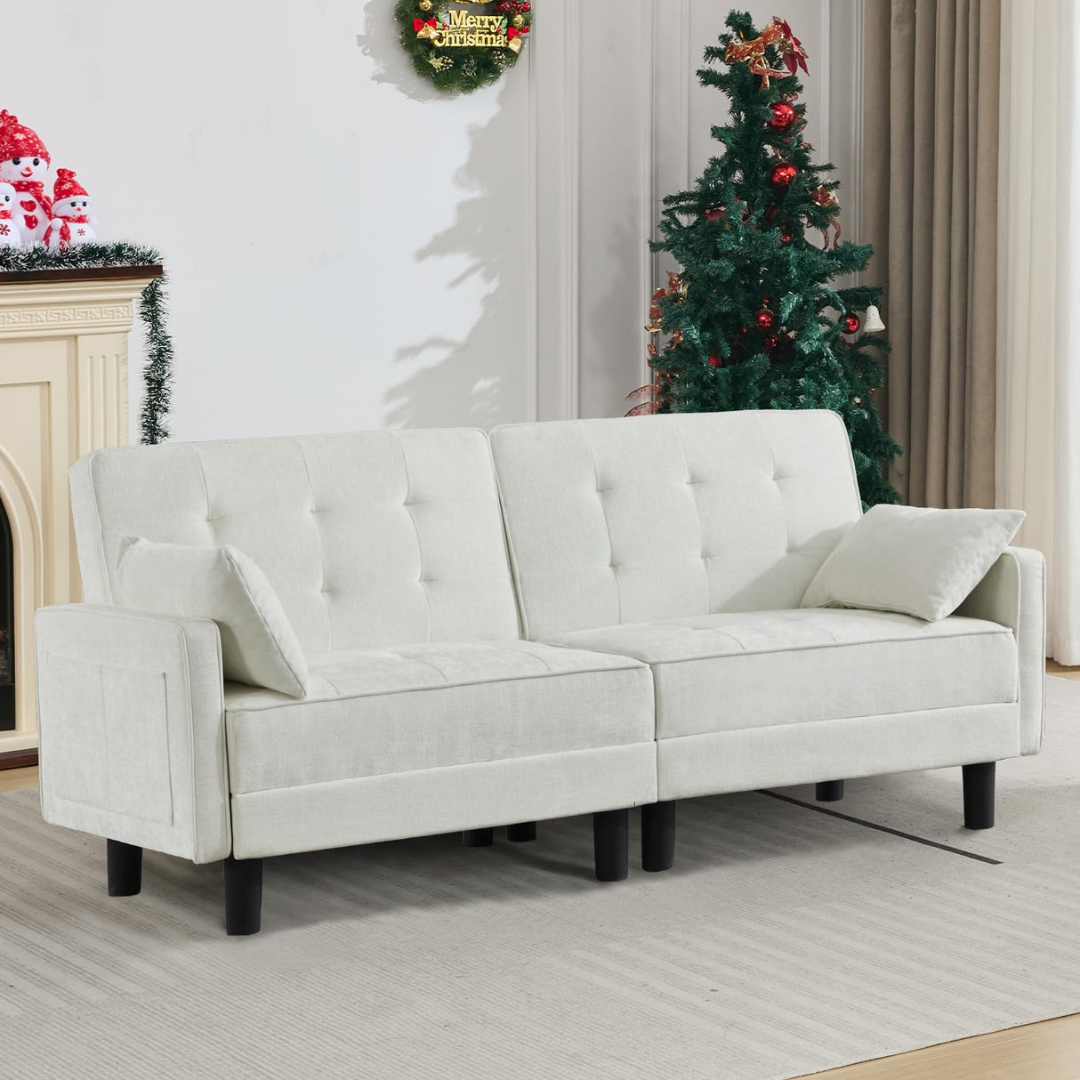 Oprisen Convertible Futon Sofa Bed, Modern Chenille Upholstered Tufted Couch Sleeper with Adjustable Backrest for Living Room, Bedroom, Office, Apartment (White, Loveseat) Oprisen