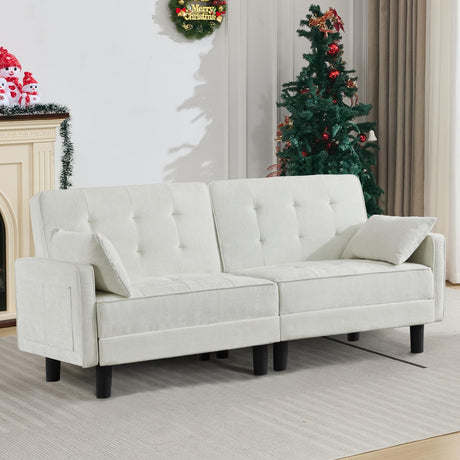 Oprisen Convertible Futon Sofa Bed, Modern Chenille Upholstered Tufted Couch Sleeper with Adjustable Backrest for Living Room, Bedroom, Office, Apartment (White, Loveseat) Oprisen
