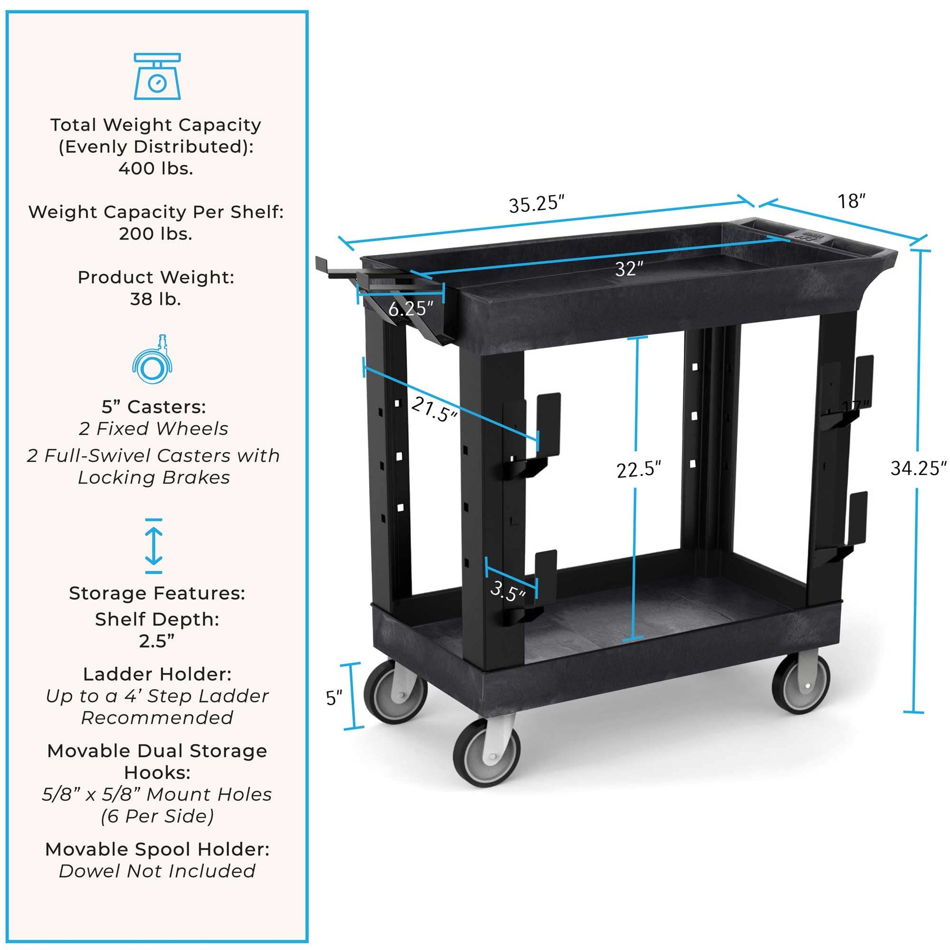 Stand Steady Tubstr 2 Shelf Utility Cart | Heavy Duty Service Cart Holds 400 lbs. | Adjustable Storage Hooks, Ladder & Spool Holders | Tub Cart for - WoodArtSupply