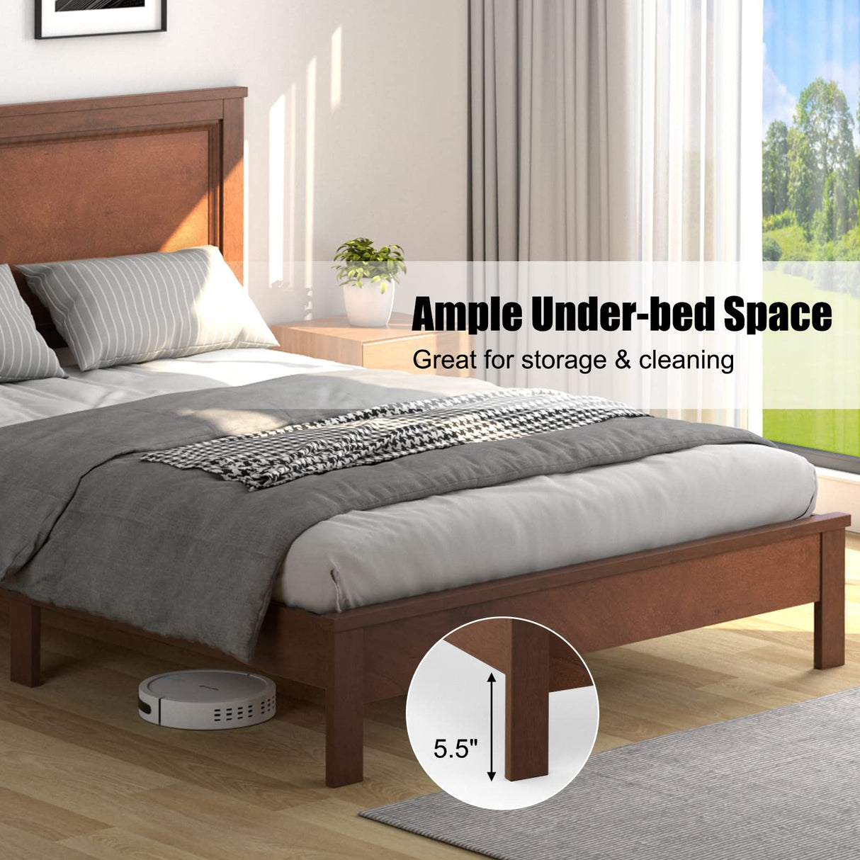 KOMFOTT Mid Century Solid Wood Full Bed Frame with Headboard & Slatted Mattress Support KOMFOTT