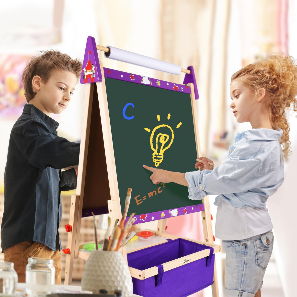 Joyooss Art Easel for Kids, Adjustable Standing Wooden Toddler Kids Easel Double Sided Drawing Board Whiteboard & Chalkboard Dry Easel Board, Art Easel for Kids Age 2-4 4-8 9-12 Painting Set Joyooss