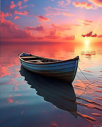 QACEYID Ocean Scenery Paint by Number DIY Acrylic Painting Paint by Number Kit for Adults Beginner Small Wooden Boat DIY Painting by Numbers Painting Arts Craft 16x20In Sunset Sky Clouds