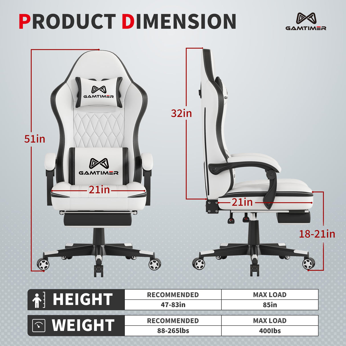 Gamtimer Gaming Chair, Computer Office Chair with Footrest, 155° Reclining Chair, Ergonomic High Back Computer Chair with Headrest and Lumbar Support for Adults and Kids（Black+White） Gamtimer