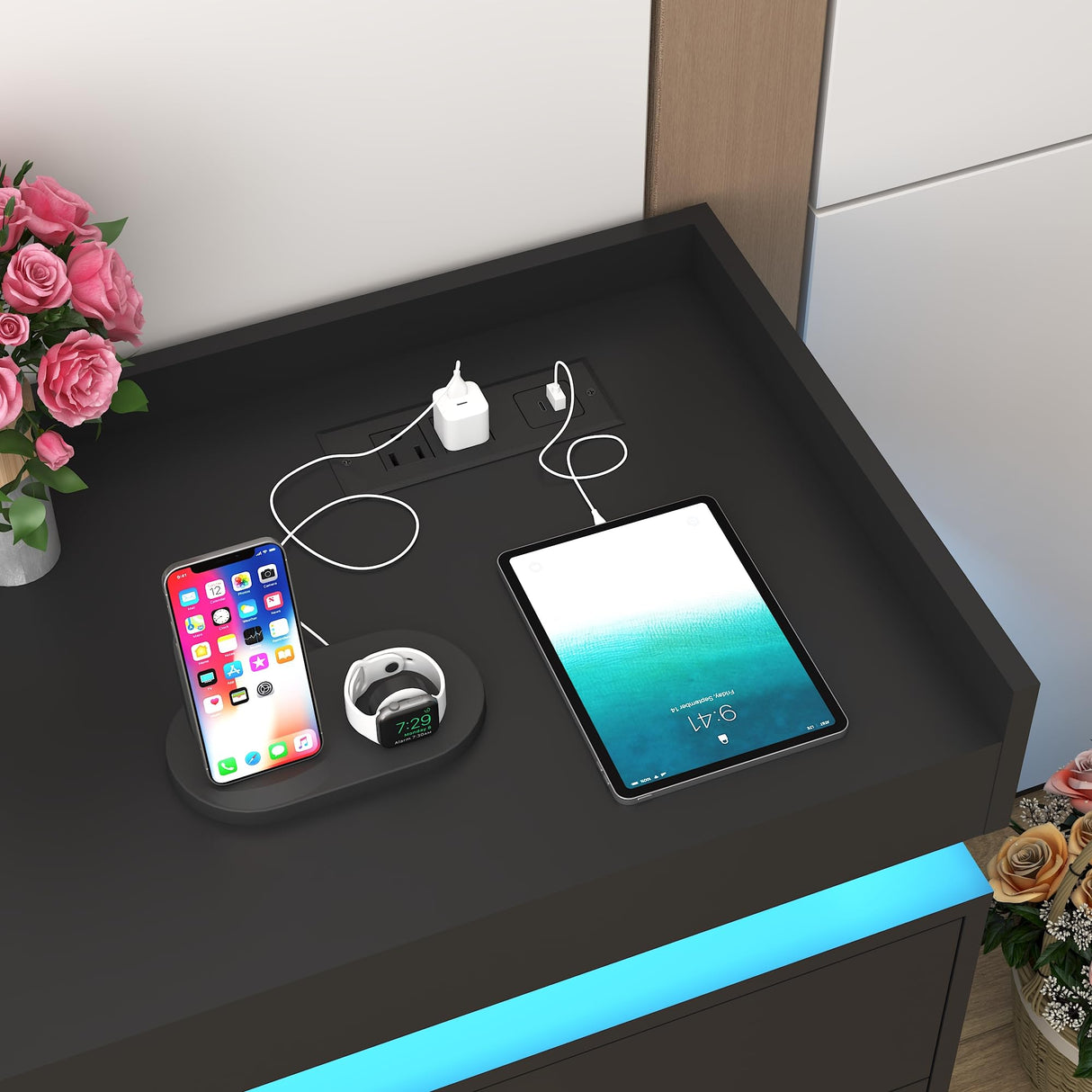 9 Drawer Dresser with LED Light and Charging Station, 63" Modern Chest of Drawers for Closet, Wide Drawer Organizer Cabinet for Bedroom, Living Room, Entryway, Hallway, Black Hlivelood