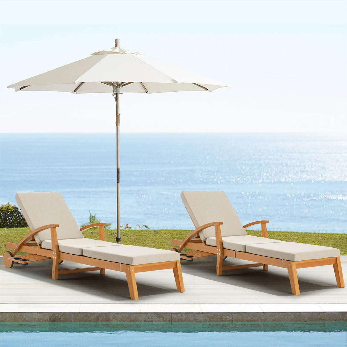 HOMREST Set of 2 Wood Chaise Lounge Chair Recliner, 83x23in Patio Chaise Lounger Recliner with Slide-Out Side Table, Foam-Padded Cushion, Adjustable Backrest, Wheels (Beige) HOMREST