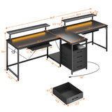 DOMICON 2 Person Desk with Power Outlet & LED Lights, Extra Long 94.5 Inch Computer Desk with Storage Shelves and Monitor Stand for Home Office, Double Gaming Desk, Black DOMICON