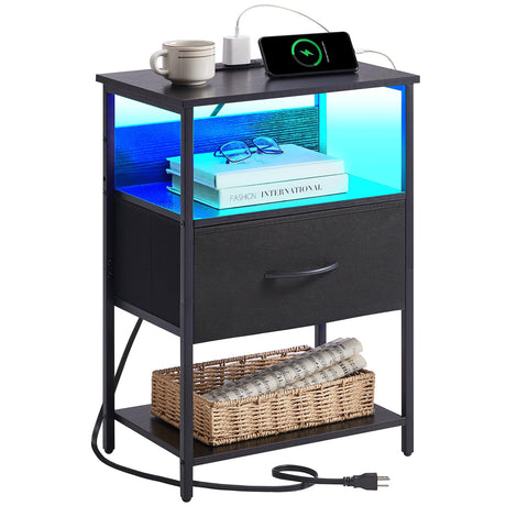 Somdot Black Nightstand with Charging Station and LED Light for Bedroom, Bedside Table End Table for Dorm Guest Room Bedside Kids Laundry Closet Entryway Hallway, Black Somdot