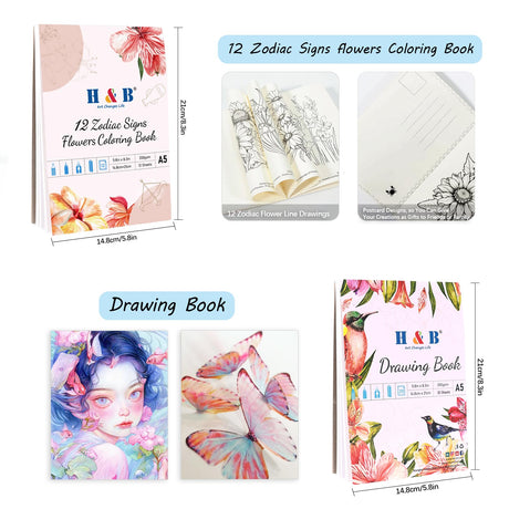 H & B Art Supplies, 72 Pack Drawing Supplies for Adults, Color Kit with Drawing Book, Coloring Book, Watercolor, Metallic Charcoal Macaron Oil-Based Coloured Pencils for Artists H & B