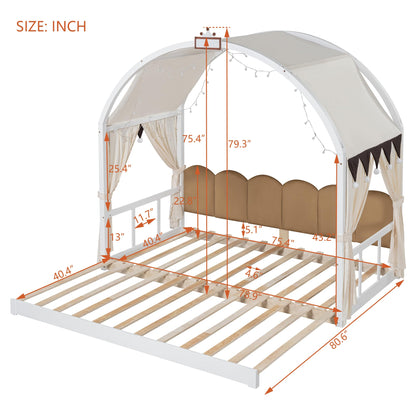 Polibi Twin Size Extended Bed with Arched Canopy, Trundle and Light Strip, Wooden Canopy Bed with Whiteboard (White)