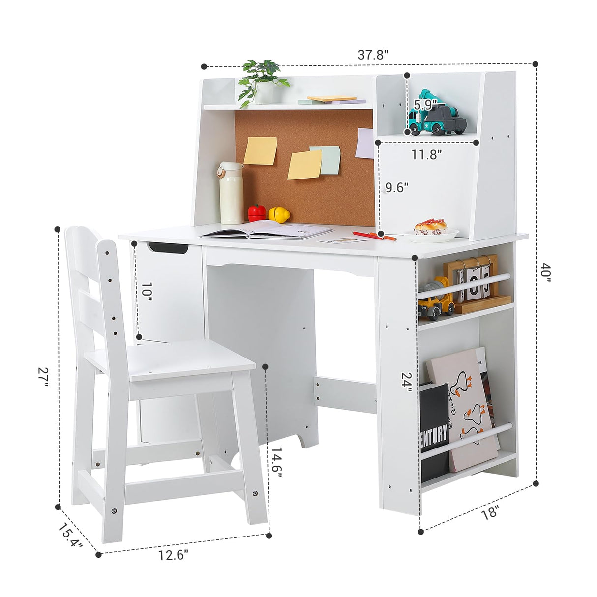 Kids Study Desk and Chair Set with Storage - White Learning Table with Bookshelf and Cabinets for Boys and Girls Ages 3-8 Wpond