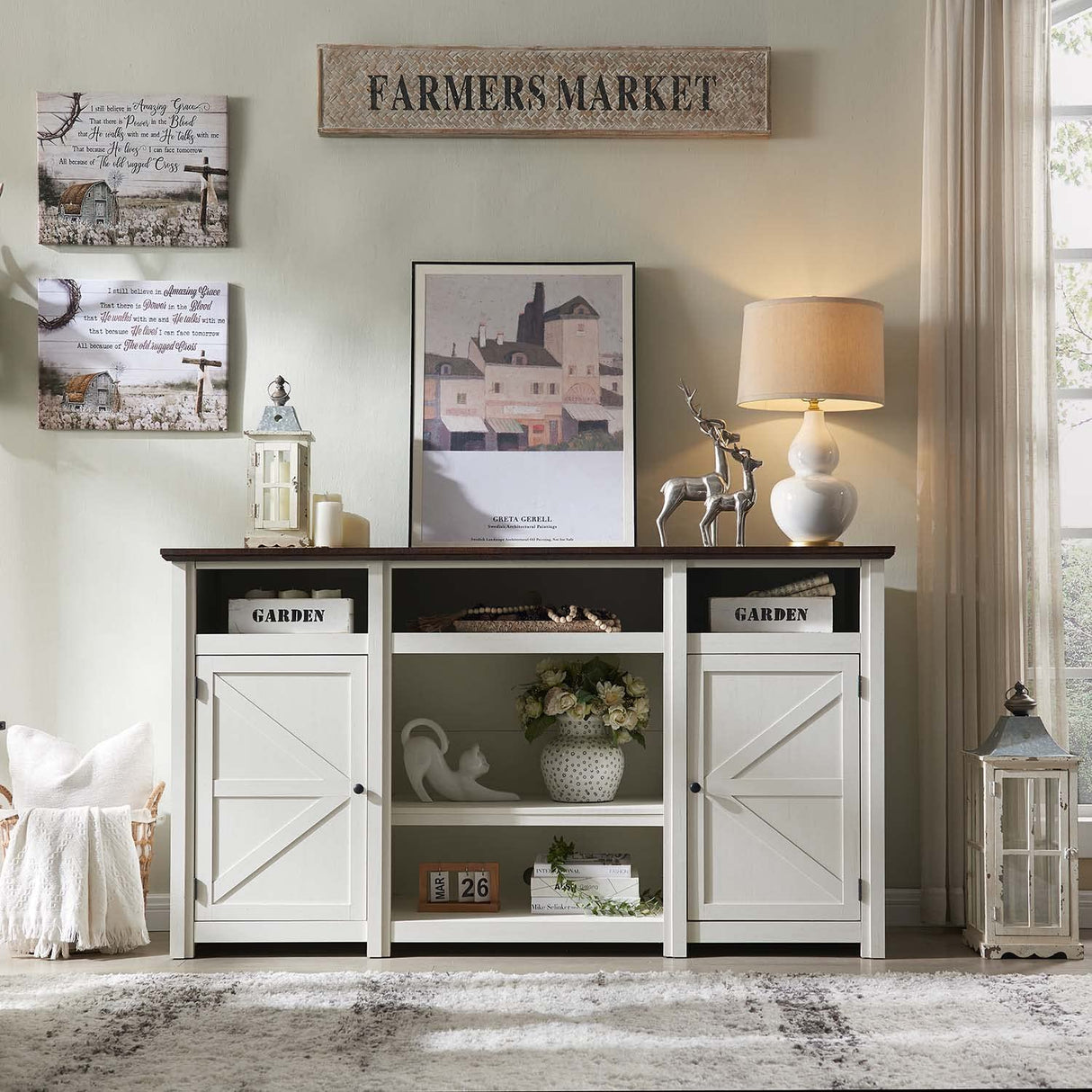 IFGET Farmhouse TV Stand for TVs Up to 80 inches, 39" Tall Highboy Entertainment Center w/Barn Door, Large Wood Rustic TV Console Cabinet w/Adjustable Shelves for Living Room, 70inch, White IFGET