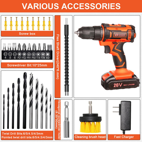 20v Drill Driver Set,Cordless Drill with Battery and Charger,LED Drill Tools Kit,25+1 Torque Setting and 43pcs Drill Bits BIHOO