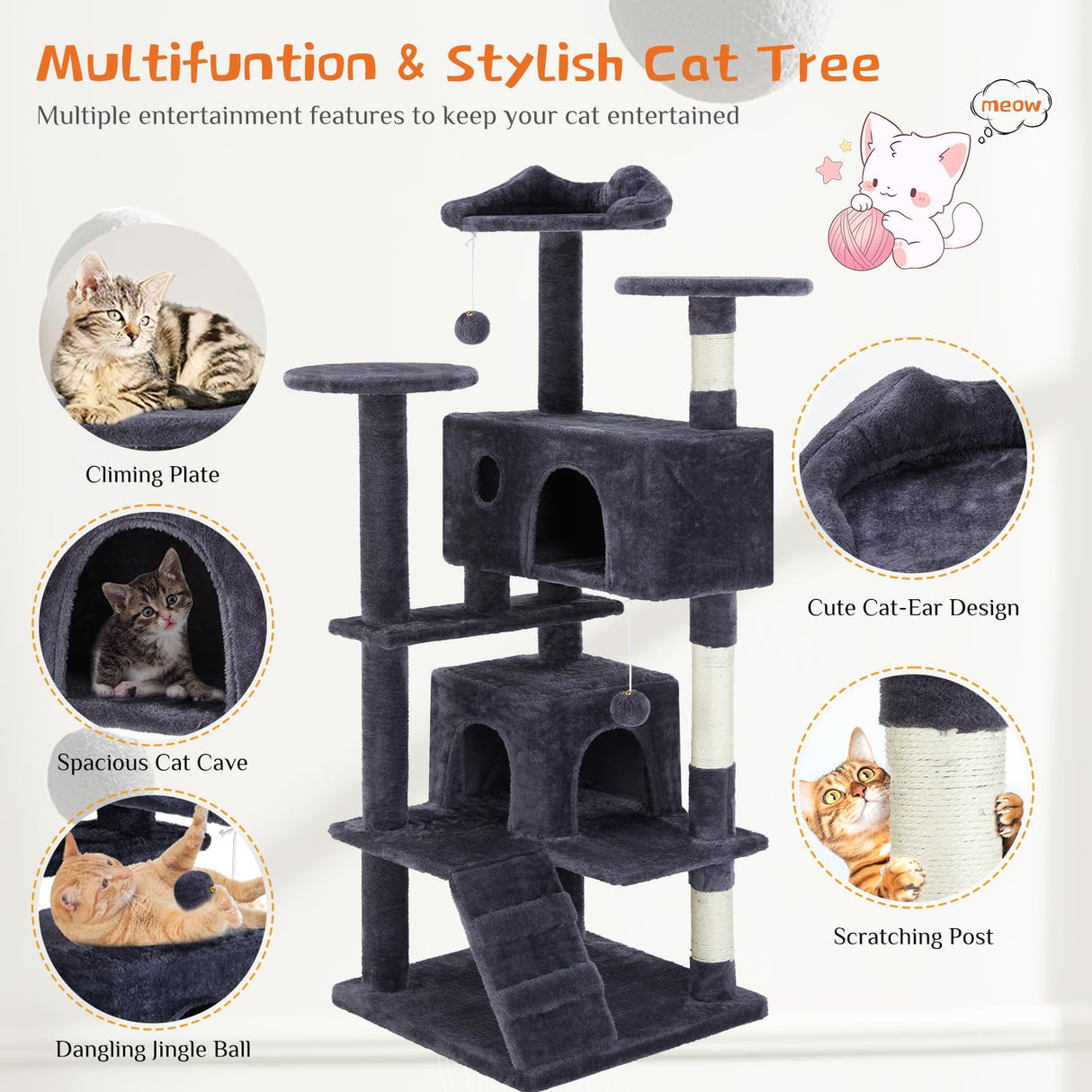 Sweetcrispy 54-Inch Cat Tree Tower – Multi-Level with Sisal Scratching Post, Perfect Pet Gift, Indoor Condo with Climbing Ladder, Plush Toy, and More Animal Stuff, Grey Sweetcrispy
