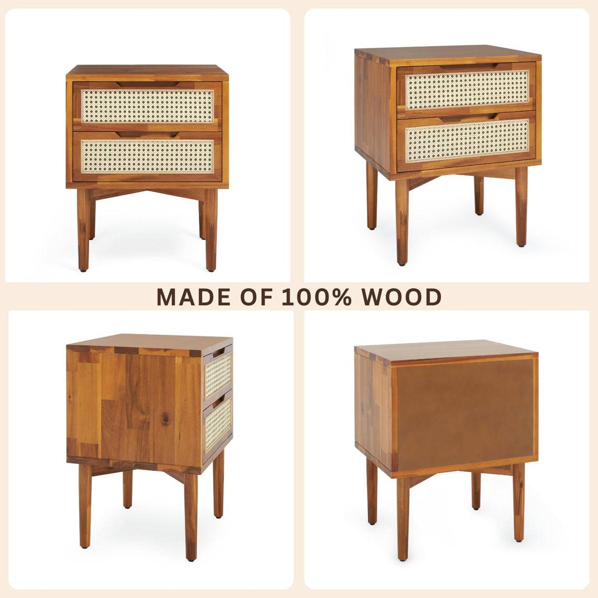 Bme Oliver Solid Wood Rattan Nightstand/Side End Table, Fully Assembled, for Bohemian & Mid Century Style Bedroom and Living Room, 2-Drawer, Caramel Bme