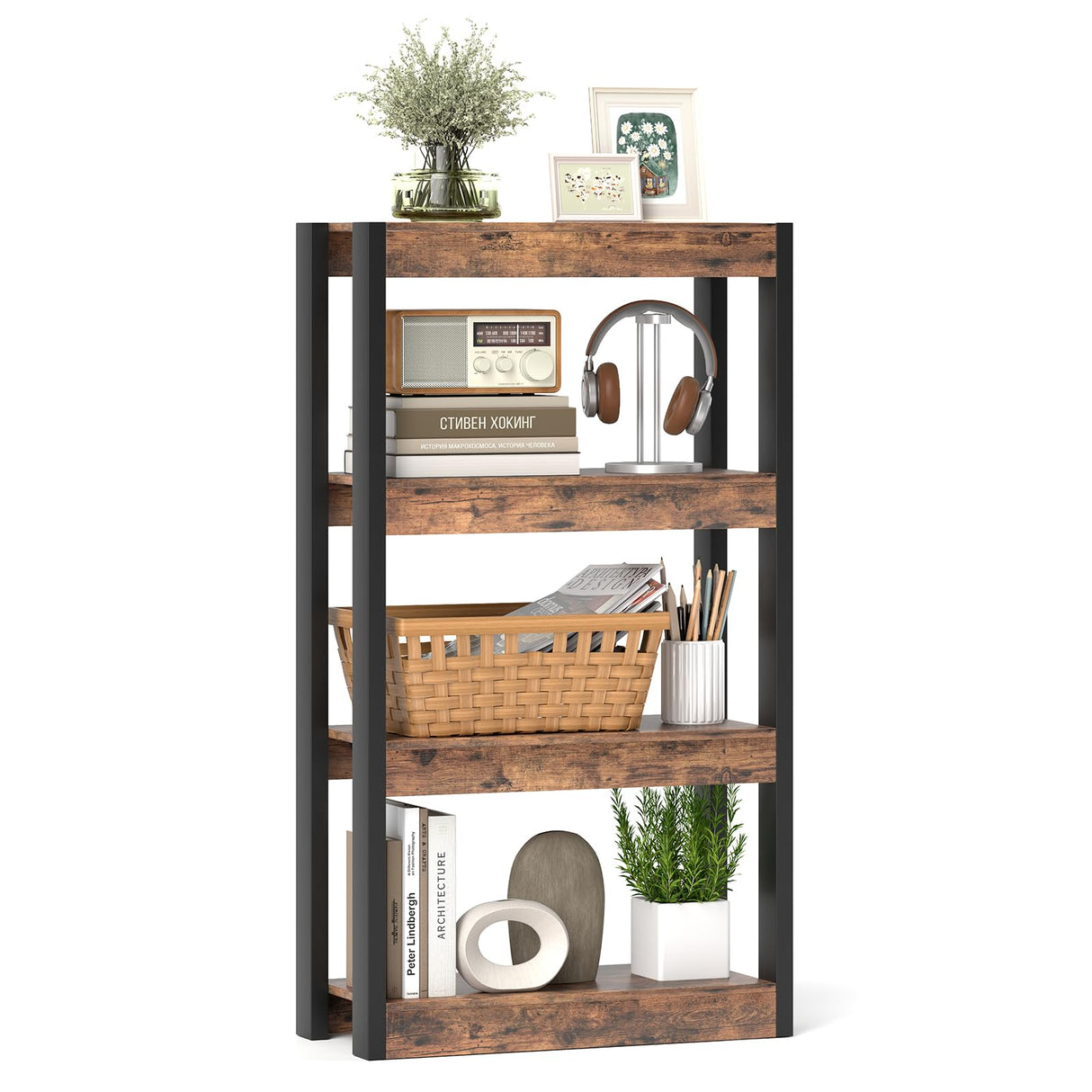 Giantex 4-Tier Bookshelf, Wooden Bookcase with Dual Anti-Tipping Kits, Freestanding Shelving Unit, Modern Storage Organizer, Open Display Rack for Living Room, Bedroom, Study (1,Rustic Brown & Black) Giantex
