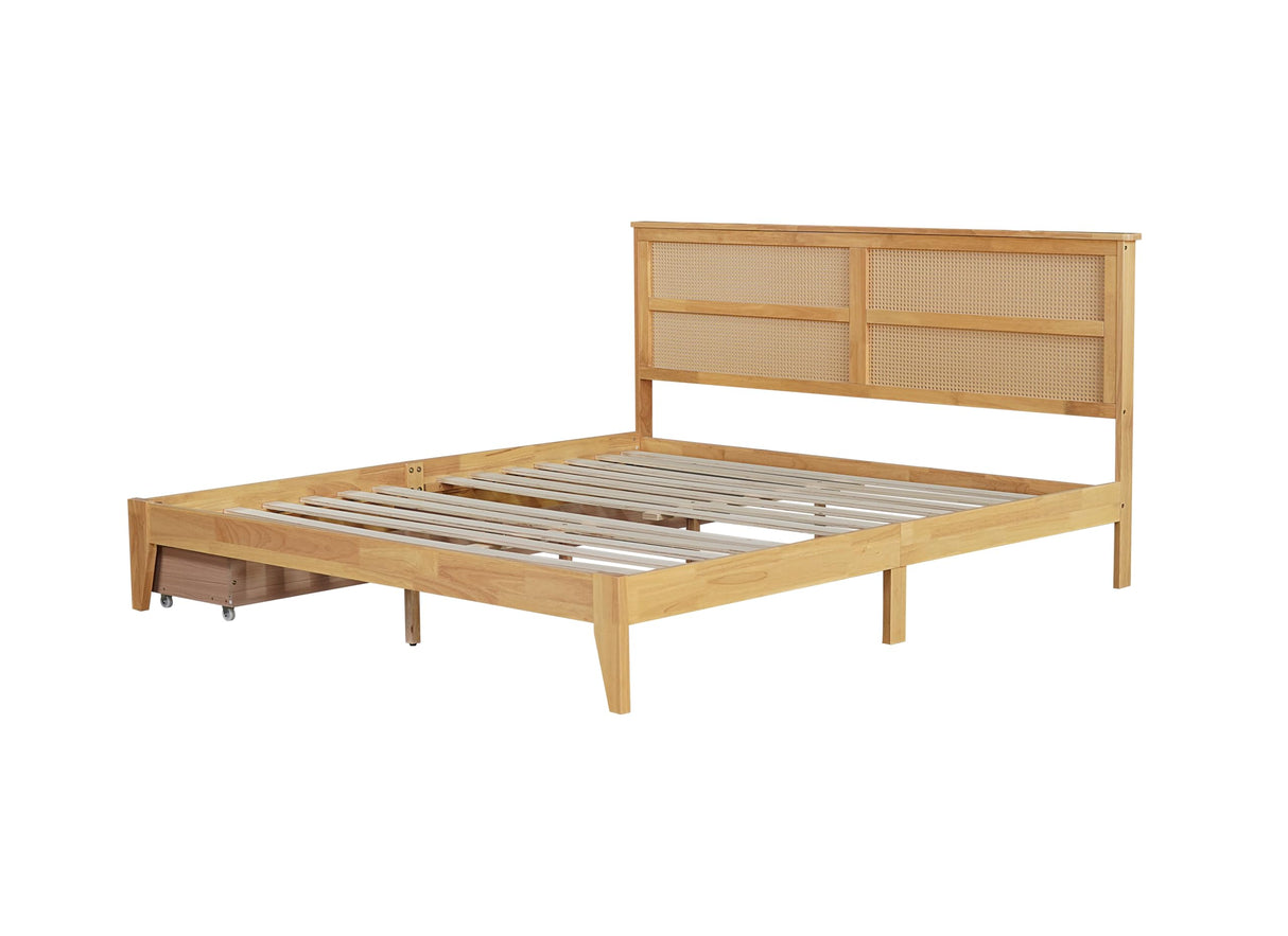 DEINPPA King Bed Frame Solid Rubber Wood Platform Bed with Rattan Headboard and 2 Storage Drawers, Boho Style/Wooden Slats Support/Noise-Free/8 inch Space Underneath/No Box Spring Need-Natural DEINPPA