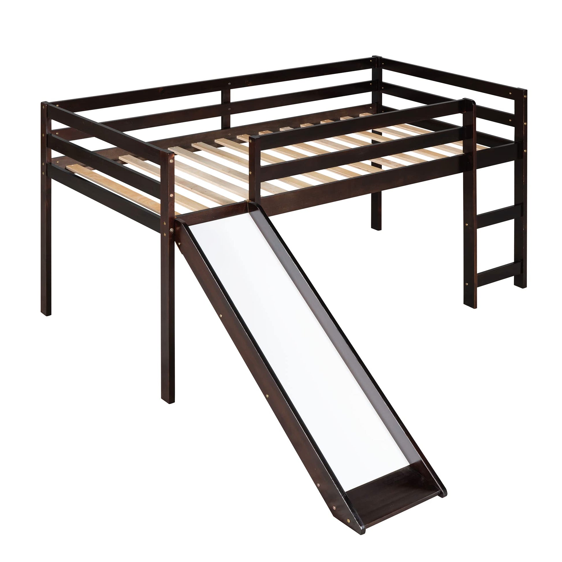 Harper & Bright Designs Twin Size Low Loft Bed with Slide in Espresso - WoodArtSupply