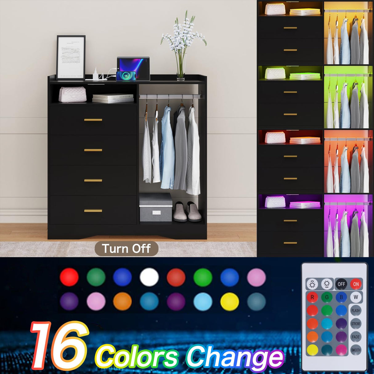 Wooden Dresser for Bedroom with Clothing Rack, Modern 4 Drawer Dresser with Charging Station and LED Lights, Storage Chest of Drawers for Small Space Hallway Closet (Black) amzzar