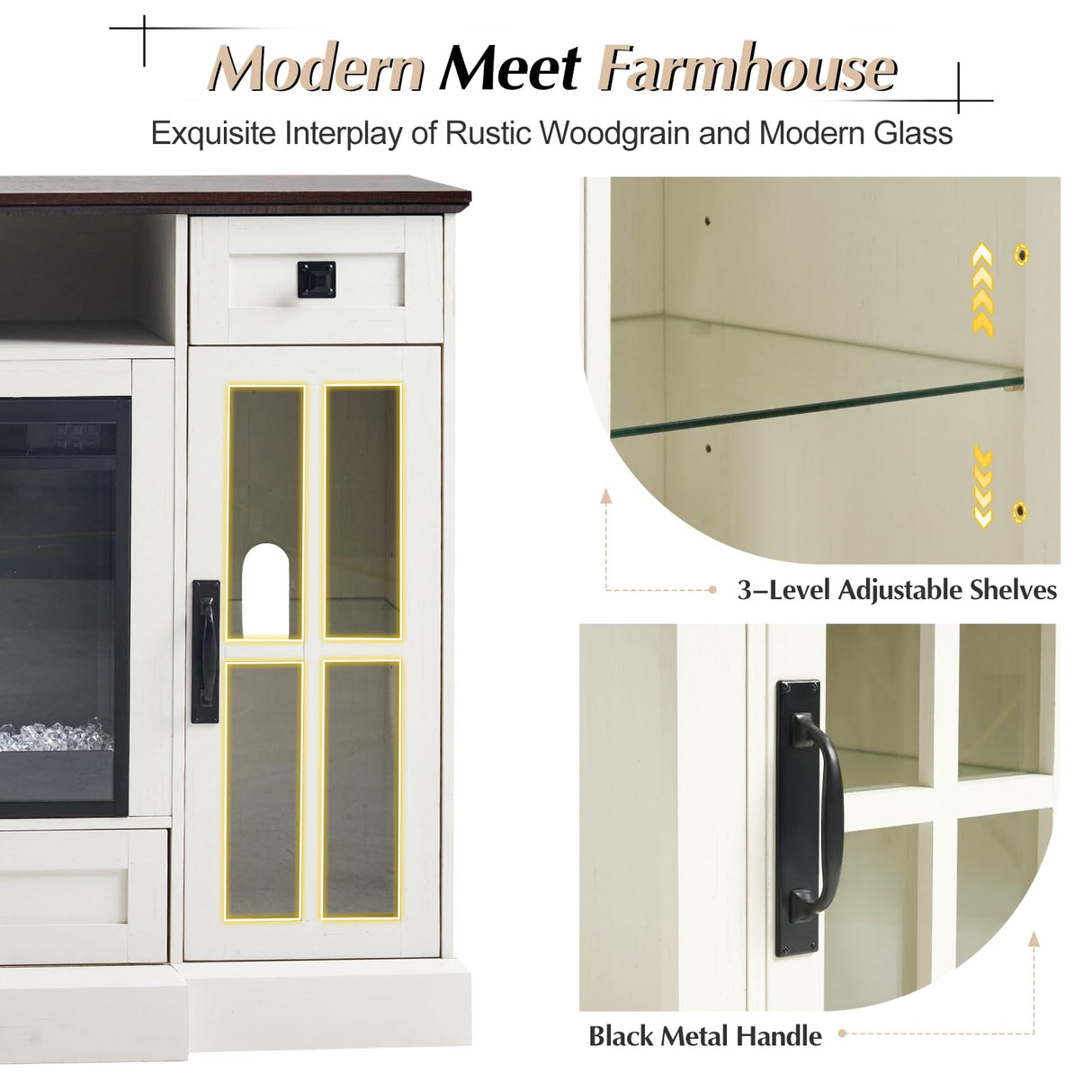 LUXOAK 70'' Large Fireplace TV Stand with 42" Fireplace, Farmhouse Entertainment Center with LED Lights for TVs up to 80'', Highboy TV Console Table with Glass Door for Living Room, Barnwood+White LUXOAK