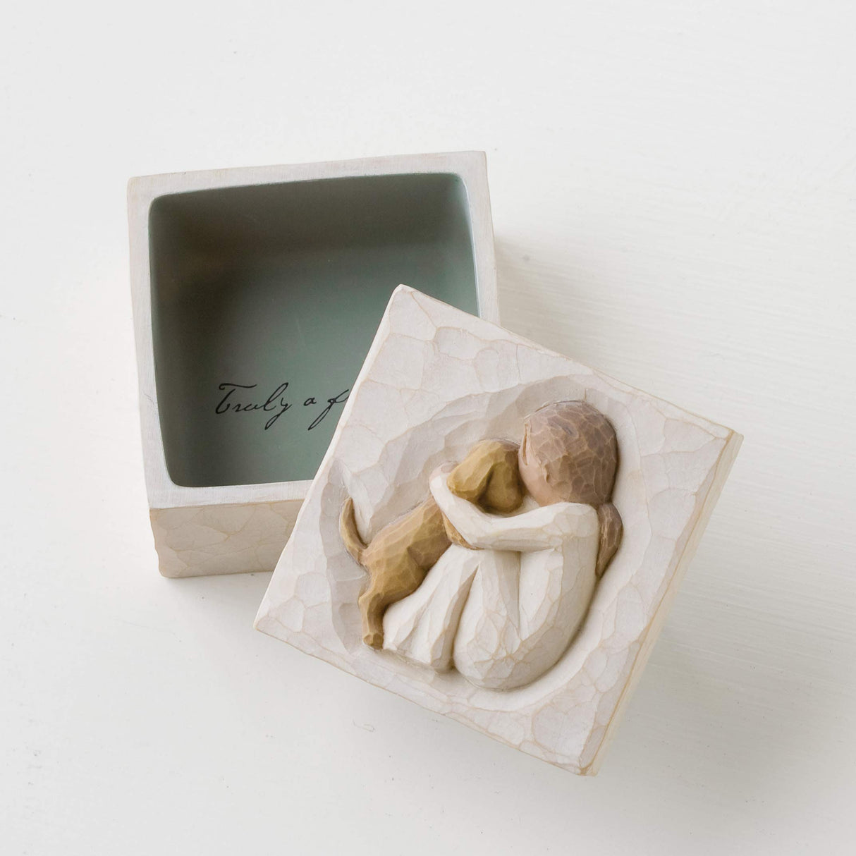Willow Tree True, Truly a Friend, Box for Jewelry and Treasures with Bas-Relief Carving of Girl with Puppy Dog, Sculpted Hand-Painted Keepsake Box Willow Tree