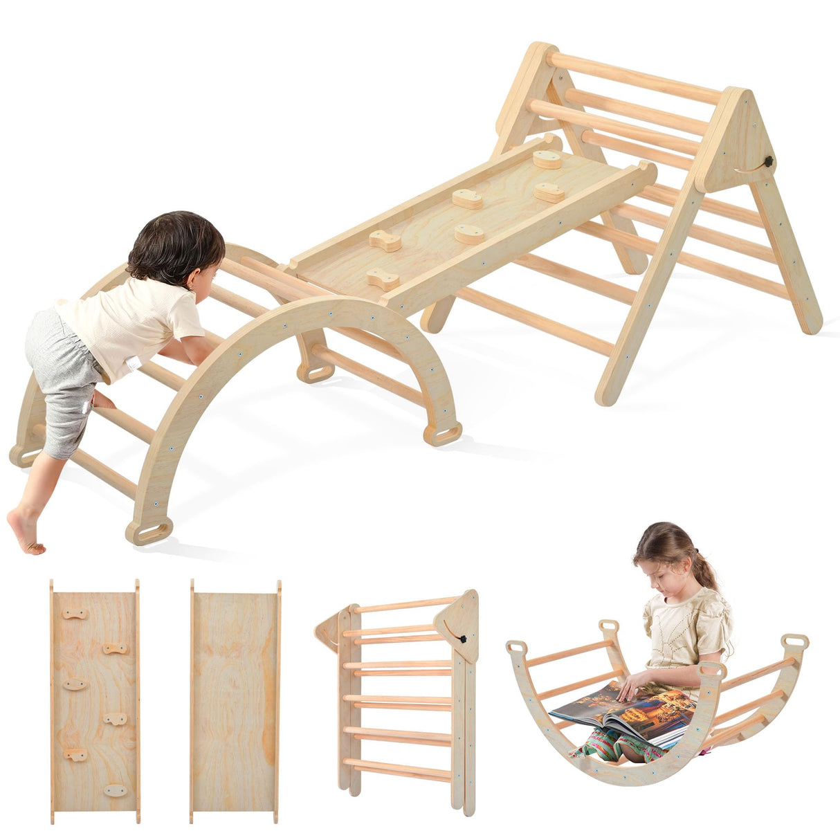 Pikler Triangle Set, Foldable Climbing Play Gym with Arch, Ramp, and Climbing Triangle, Wodden Toddler Climbing Toys Indoor, Montessori Learning Toy for Kids 2-12 Years OLLIKIVI